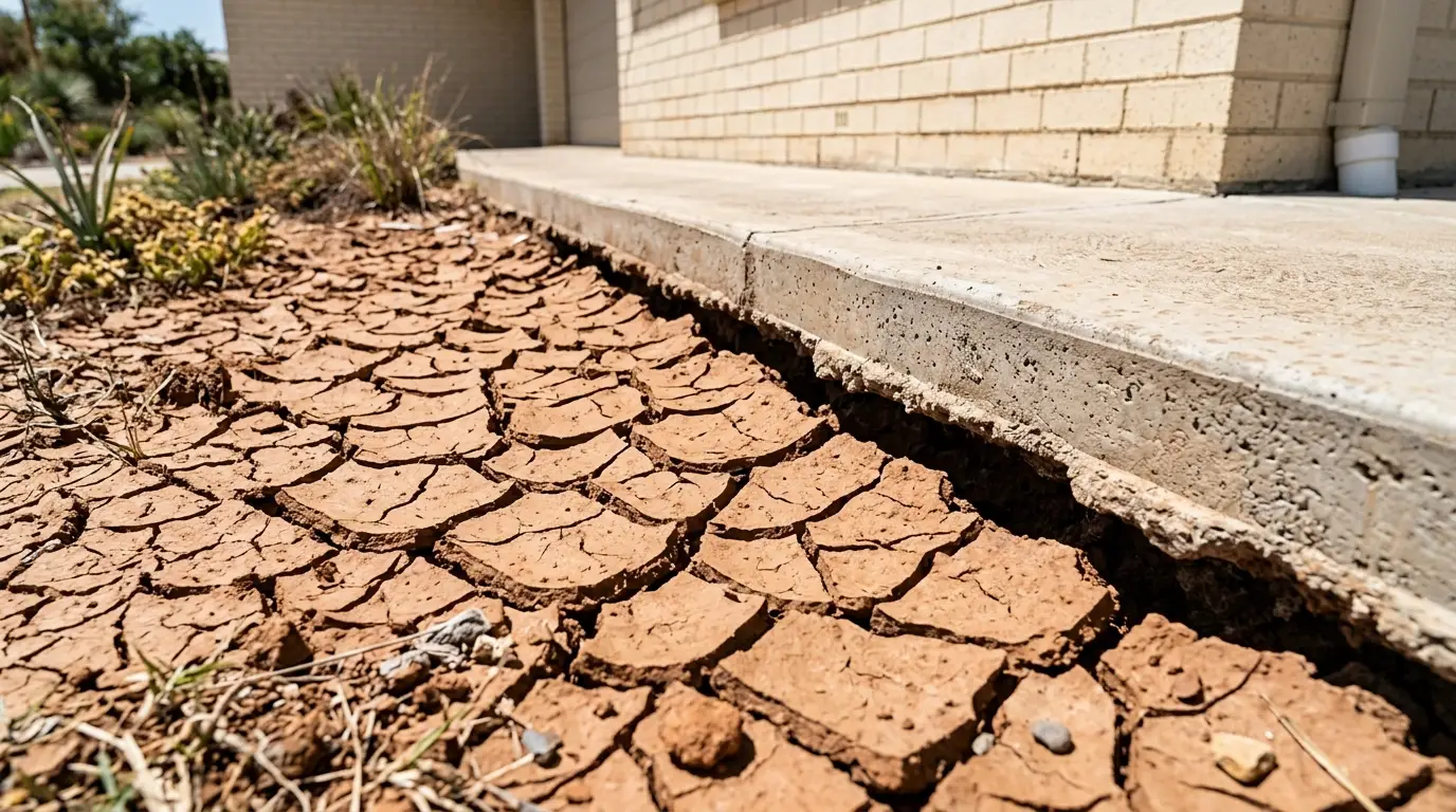 Dried clay soil shrunken away from a house slab edge, leaving a visible gap
