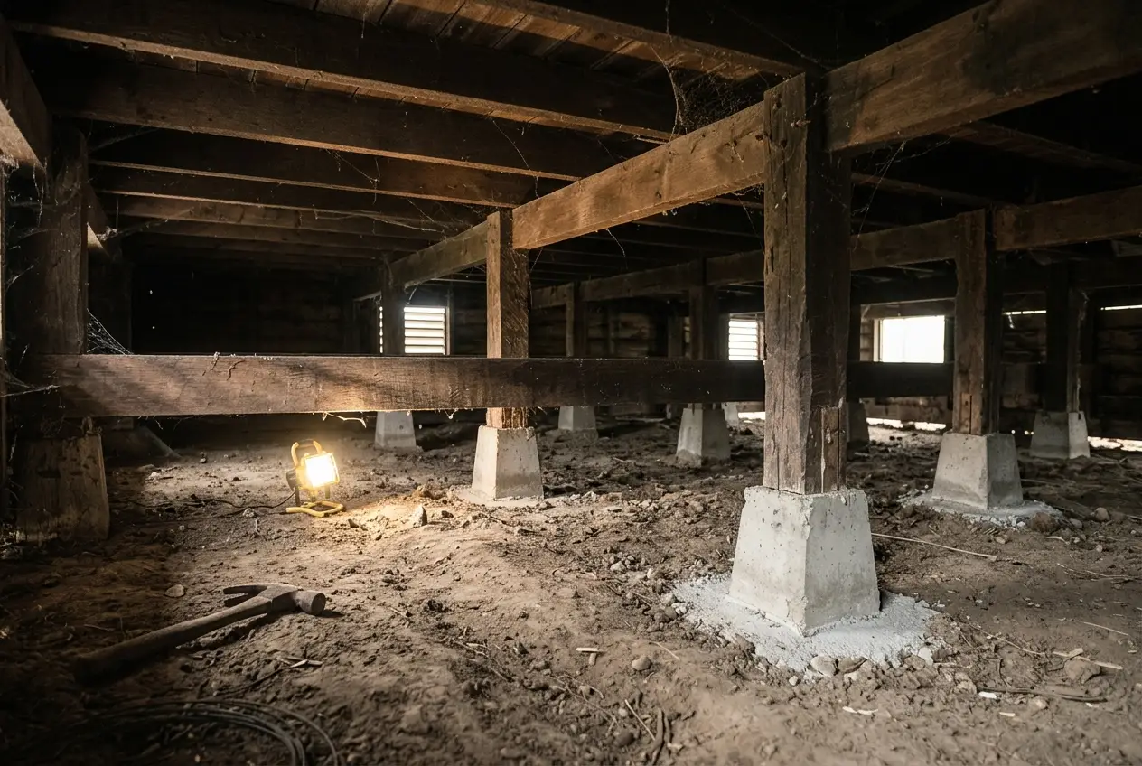 Subfloor of a weatherboard house showing old timber stumps beside new concrete stumps